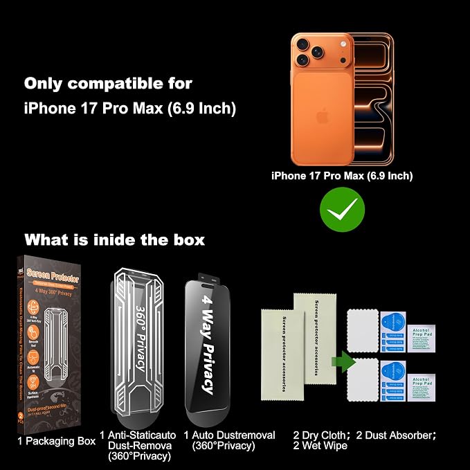 [2-Pack] 360° 4-Way Privacy Screen Protector Compatible with iPhone 17 Pro Max. Full Surround Anti-Spy 9H Hardness Anti-Fingerprint Bubble-Free. Includes Dust-Free Applicator &amp Replacement Fil
