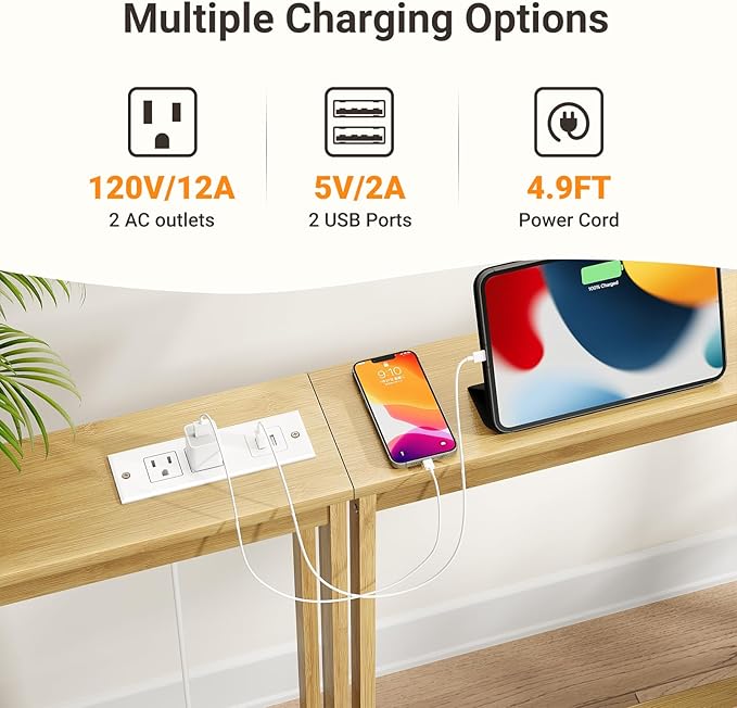 ELYKEN 2 Pack 5.9" Narrow Console Sofa Table with Power Outlets, 5.9" Dx39.4 Wx31.1 H Bamboo Behind Couch Table with Charge Station, Natrual