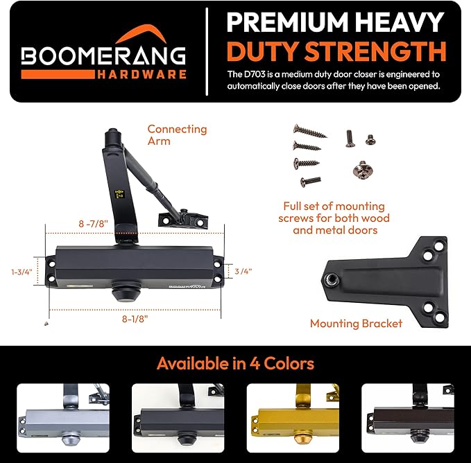 Boomerang Medium Duty Automatic Commercial Door Closer - D703 Hydraulic UL 3 hr. Fire Rated Closer, Surface-Mounted Size 3 for Home & Light Commercial Doors, Matte Black (US19)