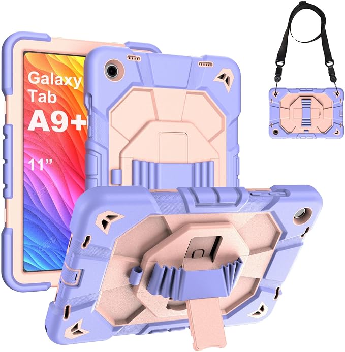 Heavy Duty Shockproof Case for Samsung Galaxy Tab A9+ Plus 11 2023 (SM-X210/X216/X218) [Dual Front Frame] with/No Screen Protector 360 Rotating Stand Hand &amp Shoulder Strap (Black/Black)