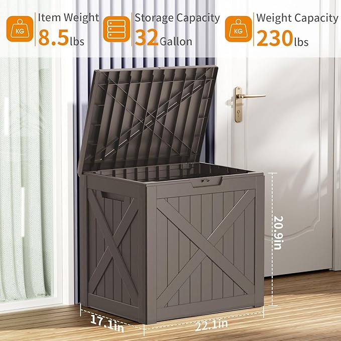 Vixzen 32 Gallon Resin Deck Box - Lockable Outdoor Storage for Patio Cushions, Garden Tools, Pool Supplies，Grey