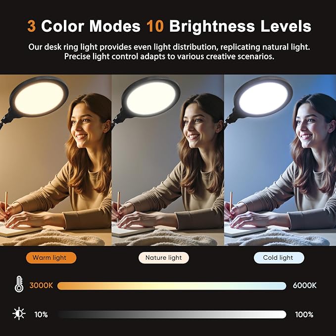Desk Ring Light, 10" LED Ring Light for Desk with Clamp, 360°Rotate & Flexible Height Full-Screen Overhead Ringlight for Video Recording, TikTok, YouTube, Live Streaming, Content Creation, Black