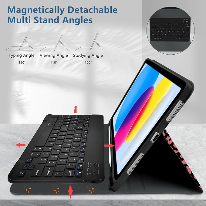 for Bluetooth Keyboard for iPad 10th Gen 10.9 inch (2022) case (A16) 11th / 10th Gen Case 11'' (2025) with 7-Color Backlights Pencil Holder Detachable Rechargeable - Black Cow