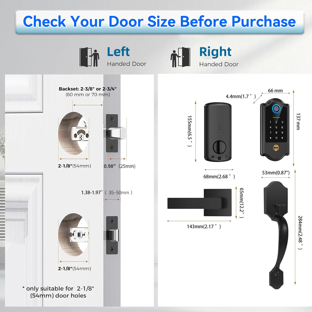 Smart Fingerprint Door Lock for Front Door – Keyless Entry Deadbolt with Handle Set, Digital Keypad, App Control, Auto Lock, Easy Install, Matte Black
