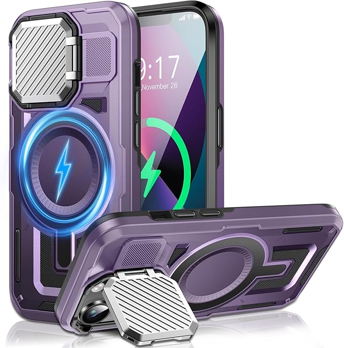Camera Stand Case for iPhone 14 Plus, [Compatible with Mag Safe] [Lens Cover] 2024 Version Military Grade Protective Soft Case for iPhone 14 Plus 6.7 inch Men Women, Purple