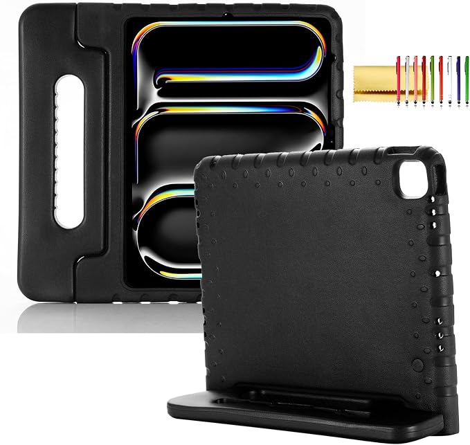 Kids Case for iPad Pro 11 M5/M4 &amp iPad Air 11 (2026/2025/2024) Shockproof Case with Pencil Holder Techcircle Light EVA Foam Handle Stand Bumper Protective Child Friendly Drop Proof Cover Black