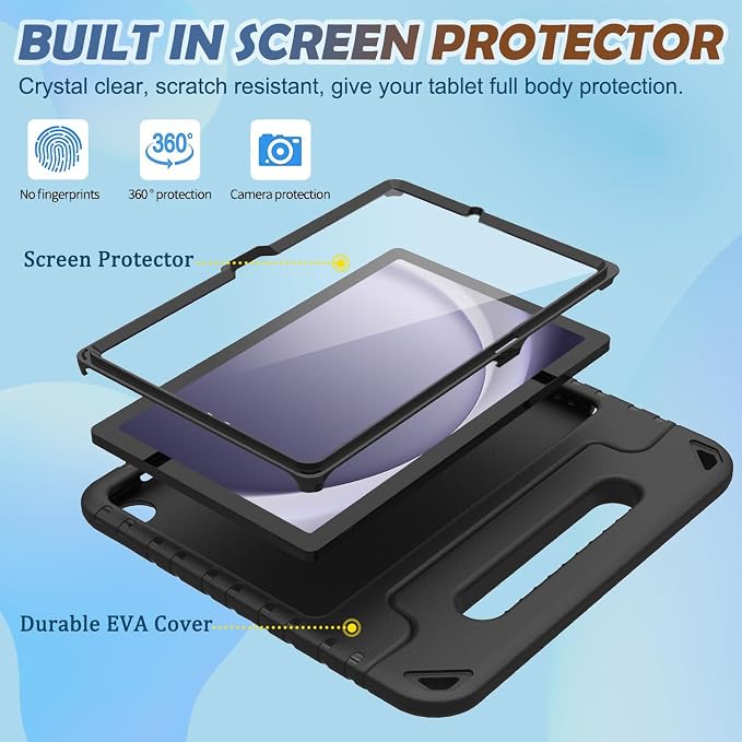 LTROP Shockproof Lightweight Convertible Handle Stand Case for Samsung Galaxy Tab A11 Plus 2025 / A9 Plus 11 Inch 2023 with Built-in Screen Protector Galaxy Tab A11+ / A9+ Case for Kids Black