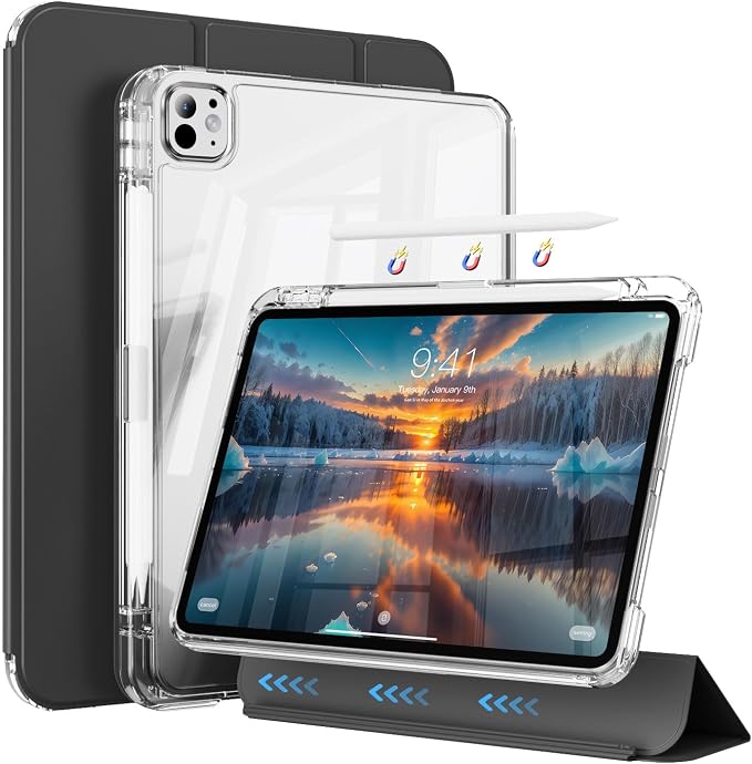 Case for iPad Pro 11 Inch Case (M5/M4) 2025/2024 Black | Pencil Holder 2 in 1 Detachable Trifold Sliding Cover Clear Hard Back Shell Supports Pencil Pro Charging