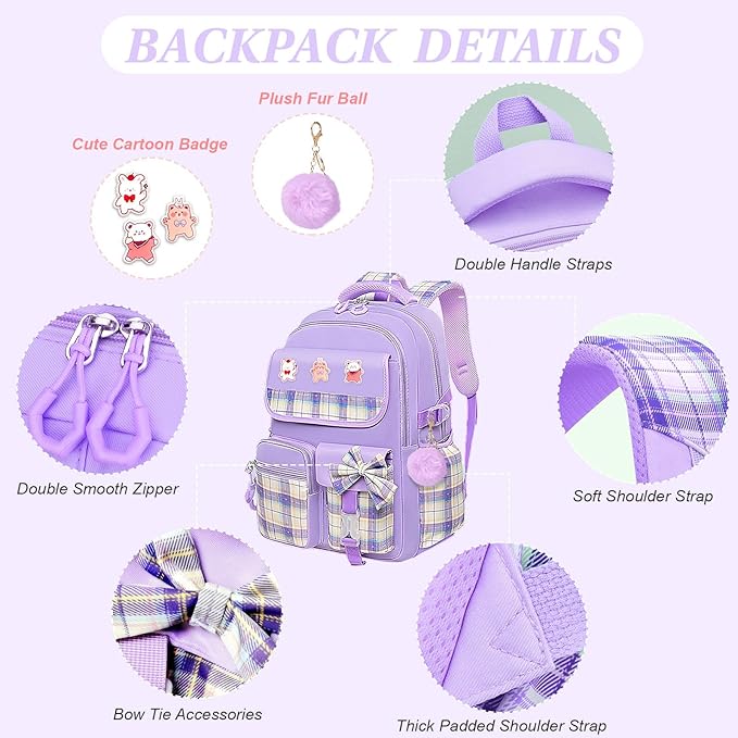 3PCS Girls Backpack Set for School - Cute Kids Bookbag with Lunch Box & Pencil Case, Stylish Backpack Combo for Girls Preschool Elementary Middle High School Students Teens Purple