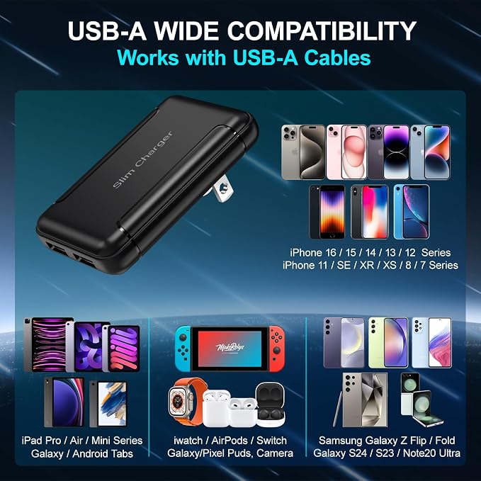 Slim USB Charger Block OKRAY Flat Dual USB Wall Charger with Foldable Plug | 3Pack Ultra-Thin 5v/3a Fast Charging Blocks USB-A Port Phone Charger Travel Adapter for iPhone 14 13 12 11 XR Galaxy S24