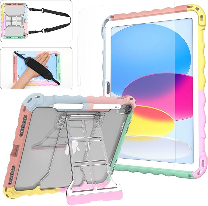iPad (A16) 11th Generation 2025 11-inch/10th Generation 2022 10.9-inch Protective Case Silicone Shockproof Case with Screen Protector Pencil Storage Slot Shoulder Strap Handle Stand (A-Blue)