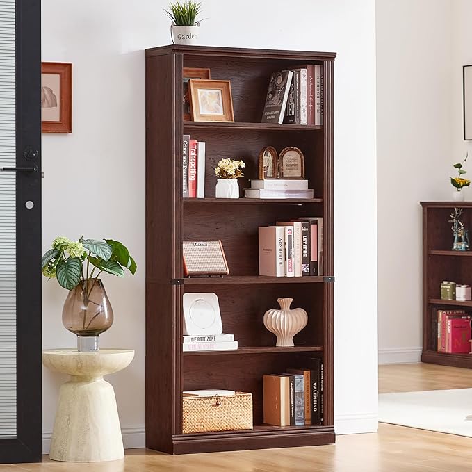 70" Walnut Tall Bookshelf,5-Tier Thick Wooden Book Shelf with Adjustable Shelves,Free Standing Farmhouse Bookcase with Open Display Storage,Floor Vintage Bookshelves for Living Room,Office