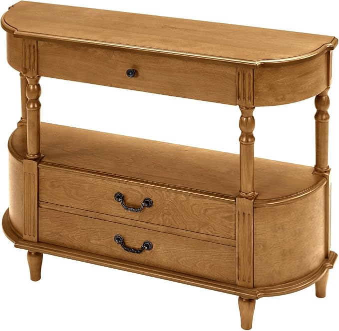 Amposei Retro Curved Entryway Console Table 43’’ Wood Half Moon Slim Entry Sofa Table with Drawers and Storage Shelf for Living Room Entrance Hallway Bedroom, Brown