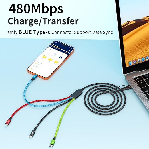 4 in 1 Multi Charging Cable 2 Pack 6FT Charging Cords for Devices | Nylon Braided USB C Car Charger Cable with Dual USB-C IP &amp Micro Ports Long Travel Charging Cord for Cars