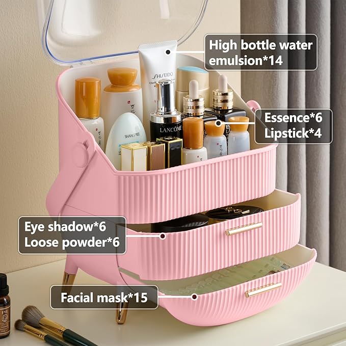 Makeup Organizer for Vanity, Cosmetics Skincare Organizers with Lid and Drawers, Cosmetic Display Cases for Countertop Bathroom Dresser, Ideal Gifts for Women