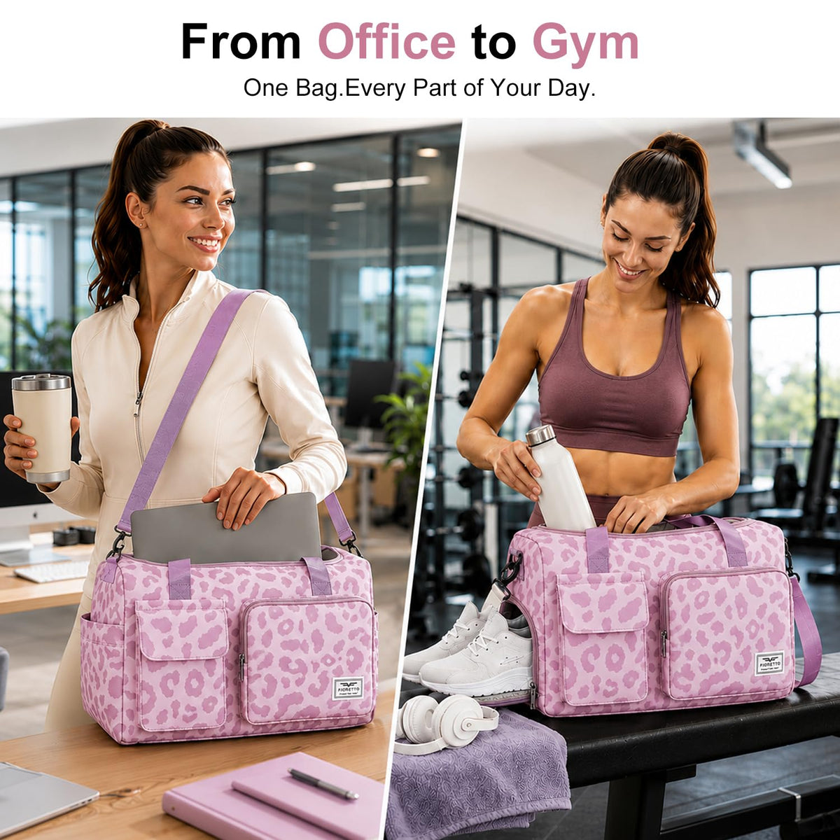 FIORETTO Women's Gym Duffle Bag with Shoes Compartment, 30L Capacity, Ideal for Travel, Gym, Sports, Duffel, Weekender, Leopard Pink