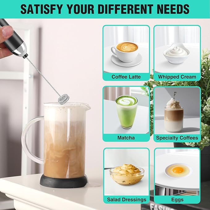 HAUSHOF Rechargeable Milk Frother with Stand, Powerful Handheld Electric Foam Maker, Drink Mixer with 2 Detachable Stainless Steel Whisks, 2-Speed for Coffee, Cappuccino, Matcha, Latte