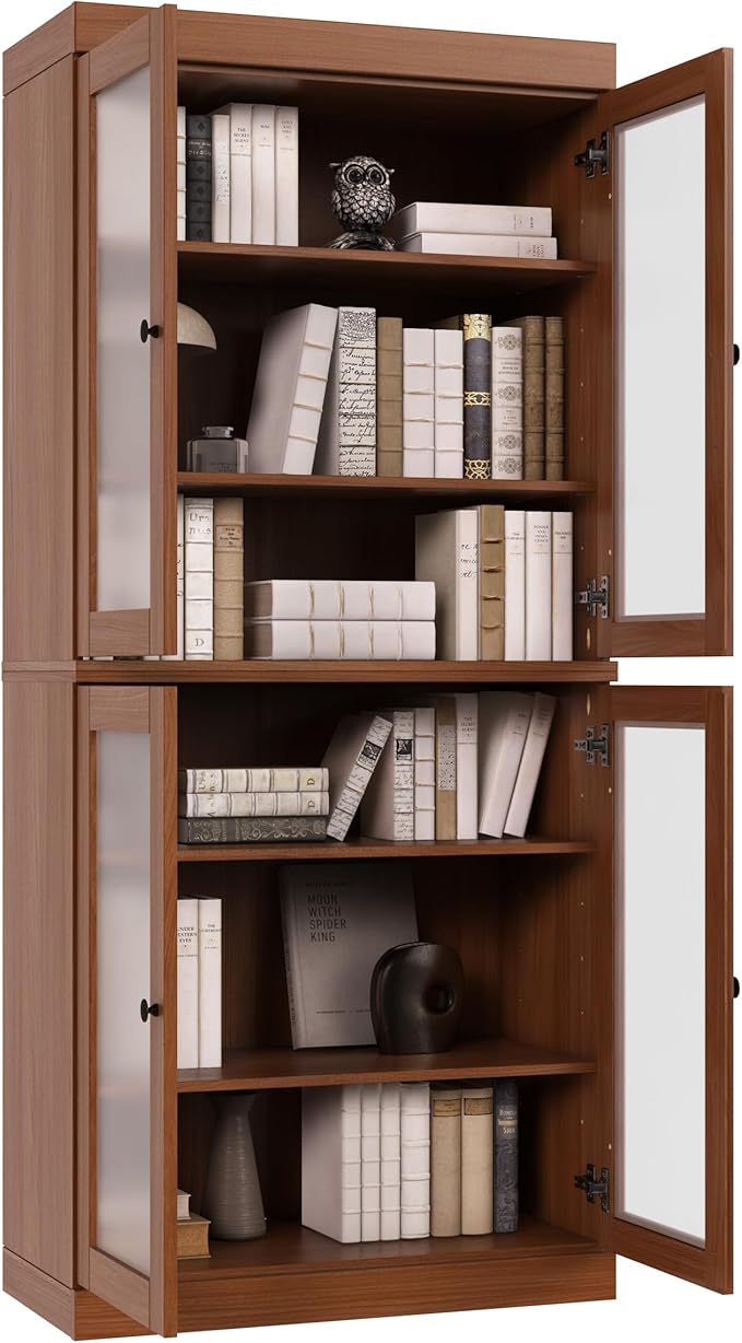 Palace Imports Solid Wood Bookcase w/Frosted Glass Doors & Adjustable Shelves - 6-Tier Bookshelf, 71.5" Tall, 32” Wide - Mocha, 100% Renewable Eco-Friendly Wood, Made in Brazil
