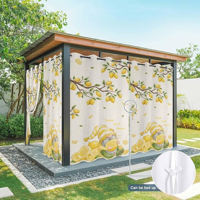 Summer Outdoor Curtains for Patio Lemon Gnome Leaf Linen Texture Waterproof