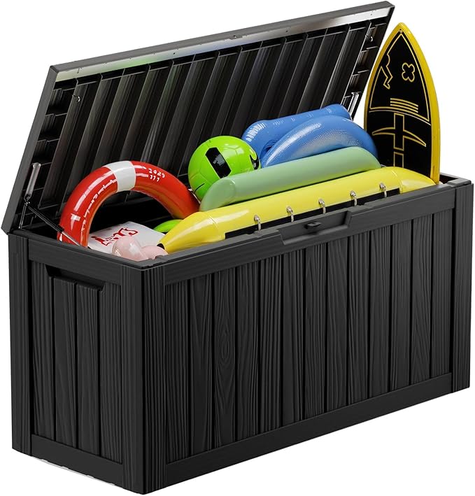 80 Gallon Resin Deck Box Storage Outdoor Waterproof Boxes Lockable UV Resistant Container for Patio Furniture Cushions Pool Supplies Garden Tool Sports Equipment Outside Storage Delivery