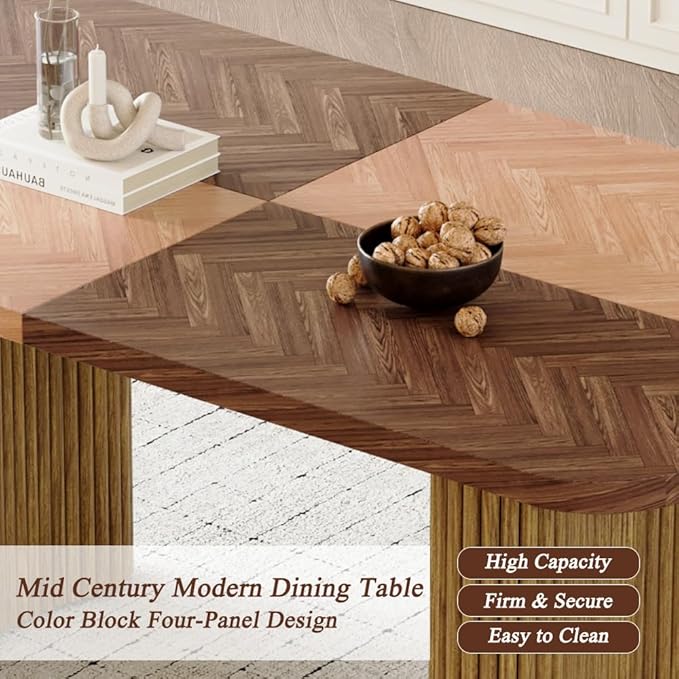 79" Large Dining Table Set for 6, Modern Farmhouse Dining Room Table Set with 1.7" Thick Two-Tone Wood Top, Sculpted Wave Legs & 6 Suede Upholstered Chairs, Wooden Kitchen Table Set for Living Room