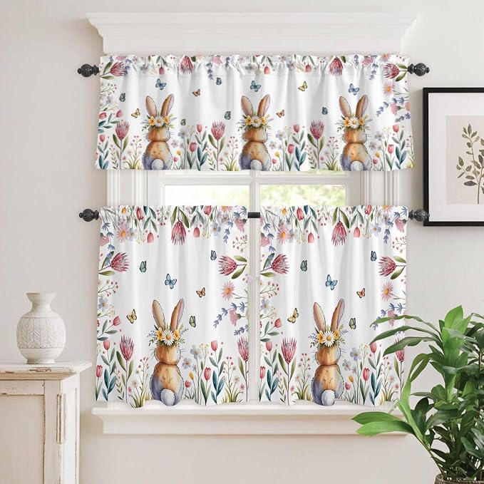 Kitchen Curtains Tiers and Valance Set of 3, Easter Light Filtering Window