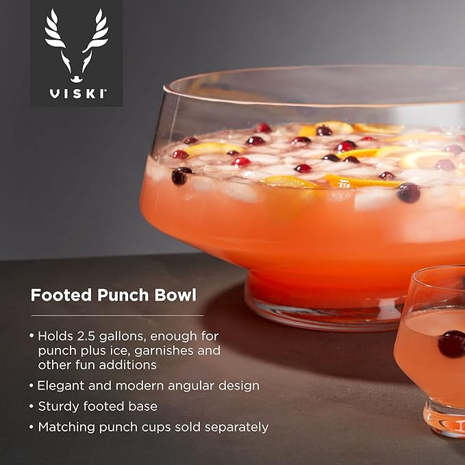 Viski Footed Glass Punch Bowl, Heavy Base Large Punch Bowl with Angled Design, Party Serveware for Cocktails & Functional Centerpiece, Clear, 2.5gal