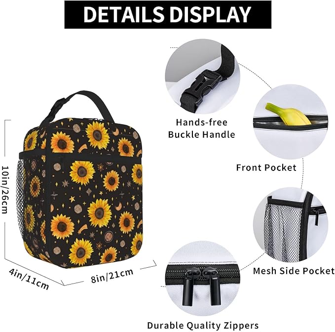 Sunflower Insulated Lunch Bag,Kids Lunch Box For Girls Boys Teen,Kid Lunch Box Containers Cooler Bag With Front Pocket For Women Men,Reusable Lunch Tote Bag Lunchbox For School/Work/Picnic/Office