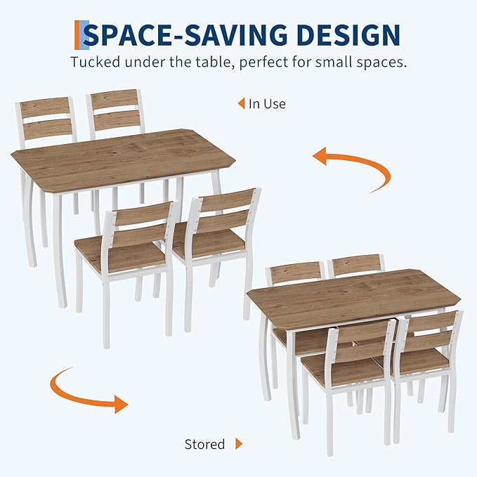 5 Piece Dining Table Set for 4, Space-Saving Kitchen Table with Wooden Seat Chairs, Modern Angled Corner Design, Compact Dinner Set for Small Spaces, Apartment, White & Wood Grain Color