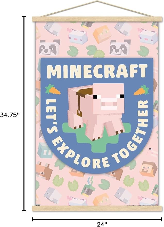Trends International Minecraft - Let's Explore Together Wall Poster with Magnetic Frame, 34L x 22.4W, Premium Print and Beechwood Hanger Bundle