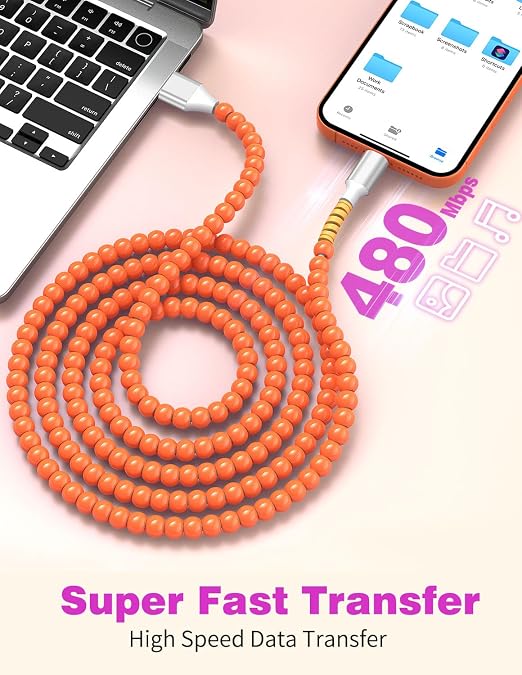 Jelanry 3FT USB-A to USB-C Fast Charging Cable Beaded &ampData Sync Women Girl | Cute kawaii beaded cable for iPhone 17/16/15 Samsung S26/S25/S24 Pixel iPad Fast charge for daily use office &amp tra