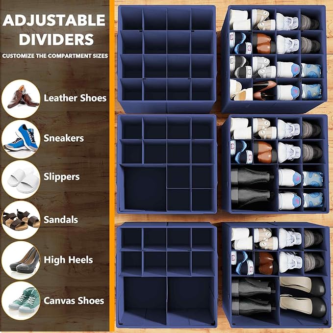 SpaceAid Shoe Organizer for Closet, 2 Pack Foldable Shoe Storage Containers Baskets Boxes Bins w/Adjustable Dividers, Fits 16-32 Pairs, Blue