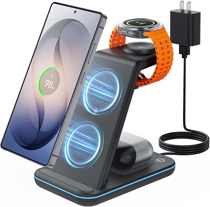 Wireless Charger for Samsung&ampAndroid: JoyGeek 3 in 1 Charging Station for S26/S25/S24/S23/S22/S21/S20/Note20/Z Fold&ampFlip Galaxy Watch8/7/6/5/4/3/Active2/1 Buds 3 Pro