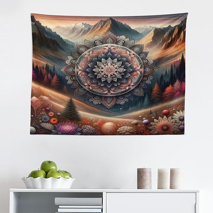 Ambesonne Hippie Tapestry, Modern Scandi Blooming Trippy Flower with Mountain Landscape Woodland, Fabric Wall Hanging Decor for Bedroom Living Room Dorm, 28" X 23", Pale Vermilion Cadet Blue