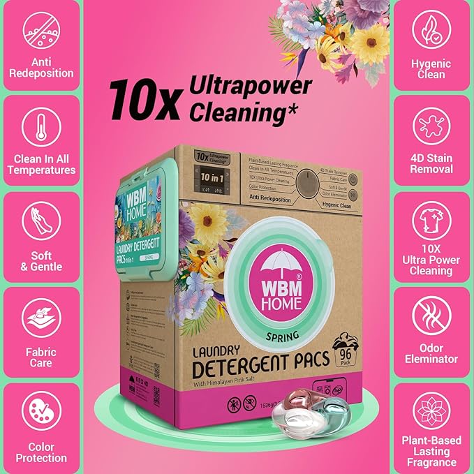 WBM Home Laundry Detergent Pods, Spring Fragrance Scent, 96 Count - HE Concentrated Laundry Pods With 10x Ultrapower Cleaning and 4D Laundry Stain Remover