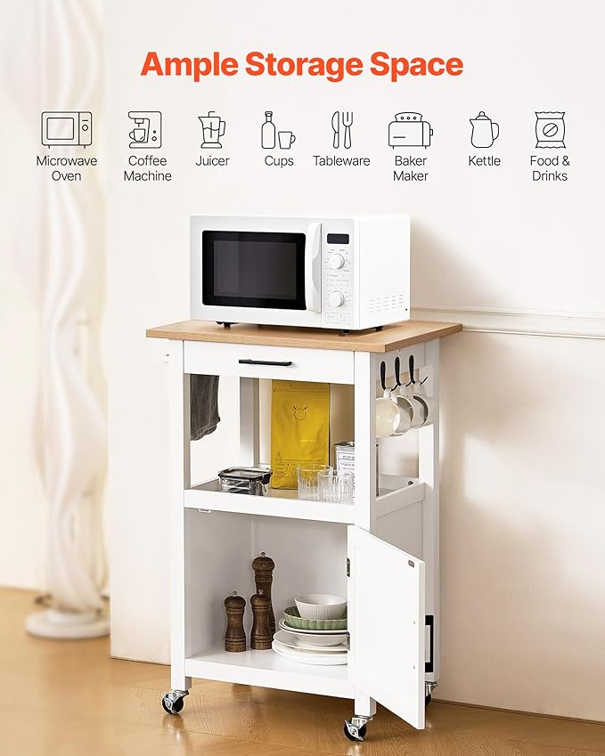 VEVOR Kitchen Island Cart with Single Door Cabinet, Mobile Carts with Drawer, Towel Rack, Hooks, Portable Table on Swivel Wheels, Small Coffee Islands Microwave Stand for Dining Room, 18x23 in, White