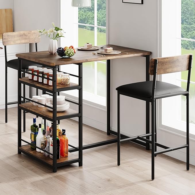 GAOMON Rustic Brown 3-Piece Counter Height Bar Kitchen Table Set with 3 Storage Shelves for Small Spaces, Apartment, Dining Table and 2 Upholstered Bar Height Chairs