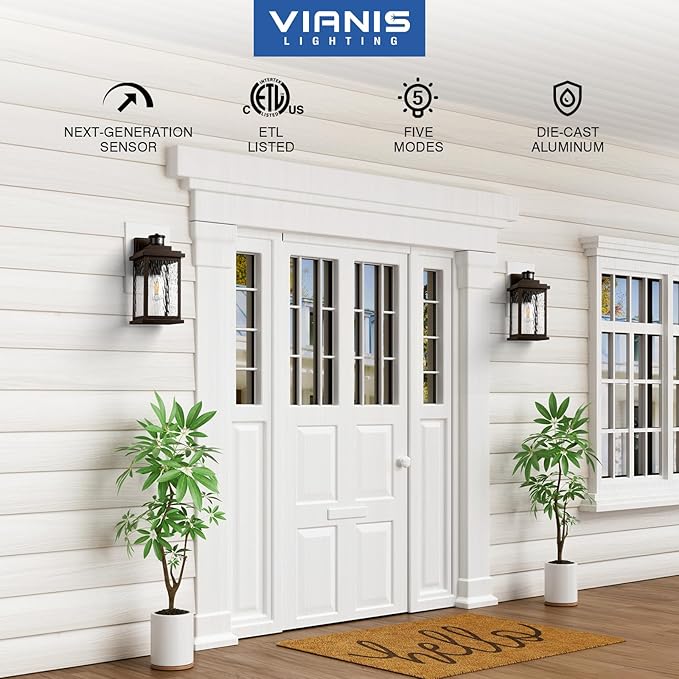 VIANIS 2 Pack Large Adjustable-Sensitivity Motion Sensor Outdoor Lights, Oil-Rubbed Bronze Porch Light with Tempered Ripple Glass, Aluminum Waterproof Outdoor Light Fixture, Exterior Lights for Garage