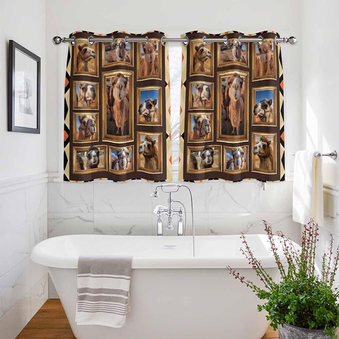 2 Panel Kitchen Cafe Curtains, Wildlife Camels Sunlight Filtering Nature Air