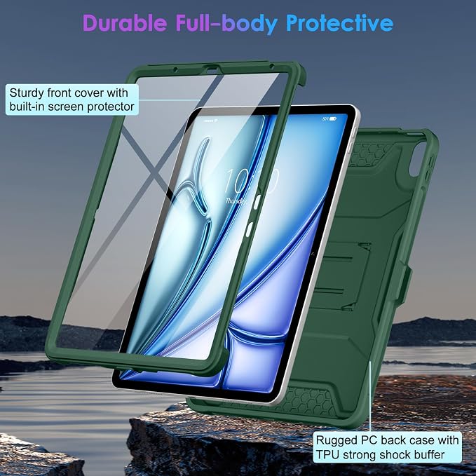 DTTO Case for iPad Air 11 M4/M3/M2 &amp 10.9 5th/4th Gen Alpine Green | Durable Full Body Protective Cover Built-in Screen Protector &amp Kickstand Corner Protection for iPad Air 2022/2020