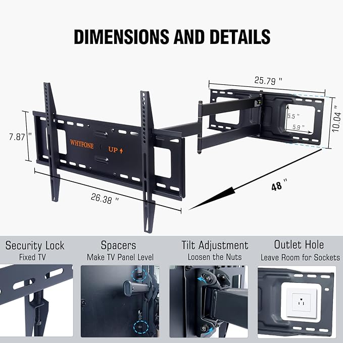 48'' Extension Extra Long Arm TV Wall Mount with Power Strip, Heavy Duty Full Motion TV Wall Mount for 37 to70,75,77,80,85'' Screens, Max VESA 600x400mm, Hold 110 lbs, 16''-24'' Wood Studs