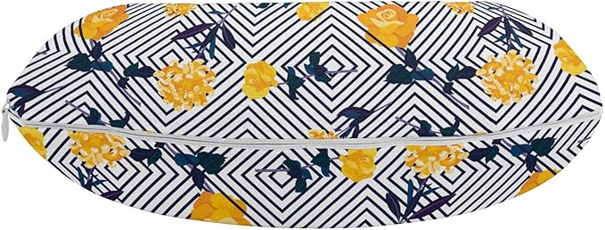 Ambesonne Floral Travel Pillow Neck Rest, Composition of Flowers and Concentric Squares, Memory Foam Traveling Accessory for Airplane and Car, 12", Yellow