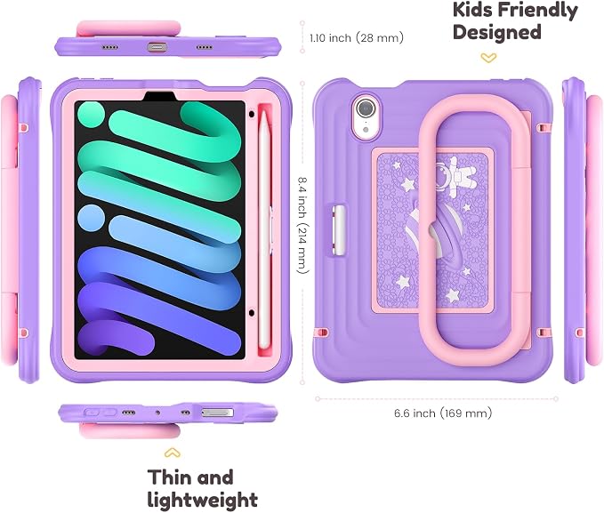 Case for iPad mini 7 (A17 Pro) 2024/ Mini 6 8.3'' with Pencil Holder Screen Protector [360 Rotating Hand Strap] &ampStand &ampShoulder Strap Shockproof Case for iPad mini 7th/6th Generation Purple