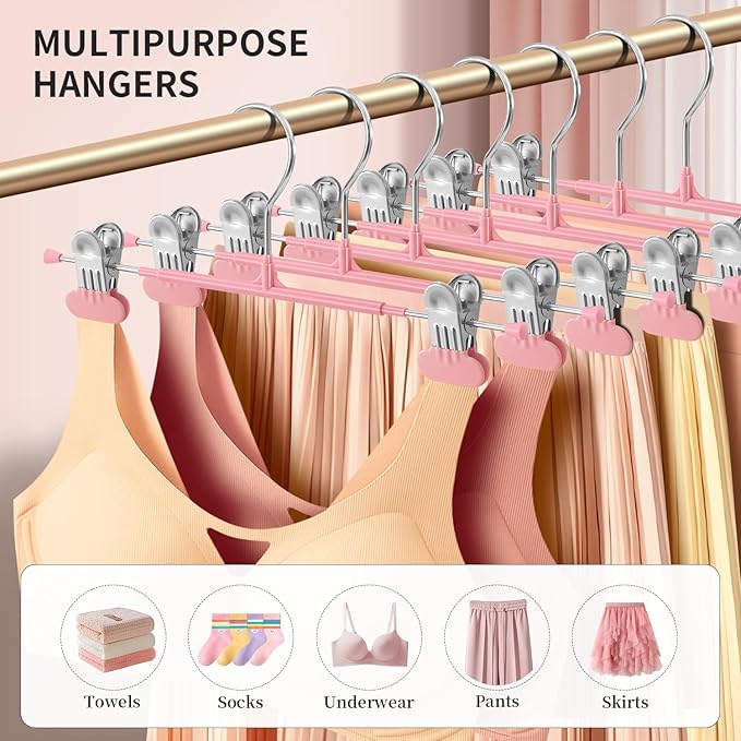 Clothes Pants Hangers with Wide Clips 10 Pack,Non-Slip Adjustable Skirt Hanger for Women,Space-Saving Heavy Duty Men Hangers for Pants,Trousers,Jeans,Shorts 12Inch Pink