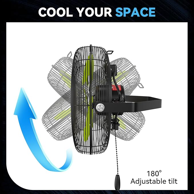 Fanqiebros 12 IN High Velocity Wall Mount Fan, 3 Speed Industrial Wall Fan with Sealed Motor, 2500 CFM Adjustable Air Circulator for Garage, Commercial, Greenhouse, Warehouse & Gazebo Use, UL Listed