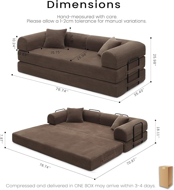 Compression Sofa - 79'' Convertible Sofa Bed, Boneless Couch in a Box, Modular Corduroy Foldable Sleeper Sofa with 2 Pillows, Loveseat Couches for Living Room (Corduroy Fabric, Brown)