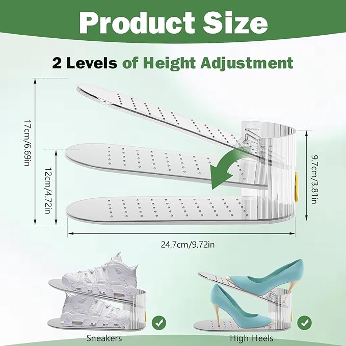 Adjustable Slot Organizer for Pairs of Shoes, Space Saver, Double Deck Riser Rack, Closet Organizer (Clear, 20 Pack)