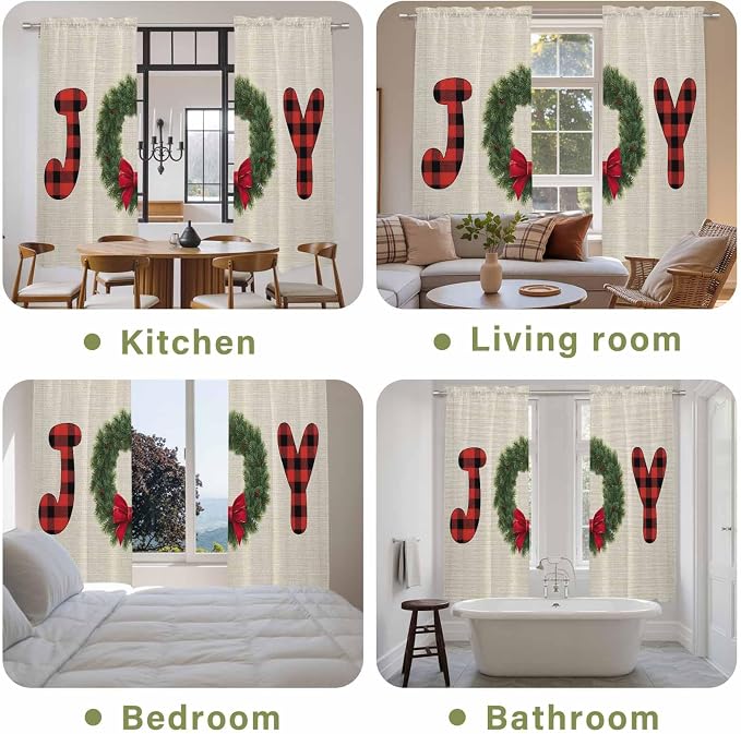Red Green Christmas Window Curtains 72 Inch Long 2 Panel Set, Rod Pocket Long
