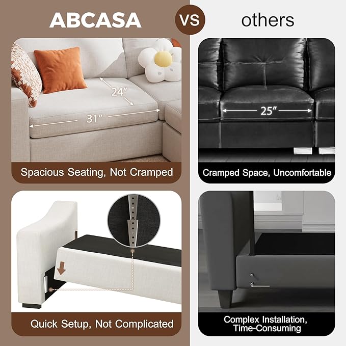 ABCASA L Shaped Sofa Couch with Wide Armrest for Living Room,Removable Cushion Cover, Modern Premium Linen 3 Seater Sofas for Small Space, Office, Apartment, Ivory