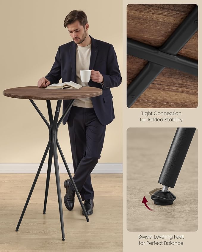 VASAGLE Bar Table, Round Cocktail High Top Pub Bistro Table for Party, Kitchen Dining, Home Bar, 23.6 x 23.6 x 41.3 Inches, Metal Frame, Modern Style, Easy to Assemble, Natural Walnut and Black